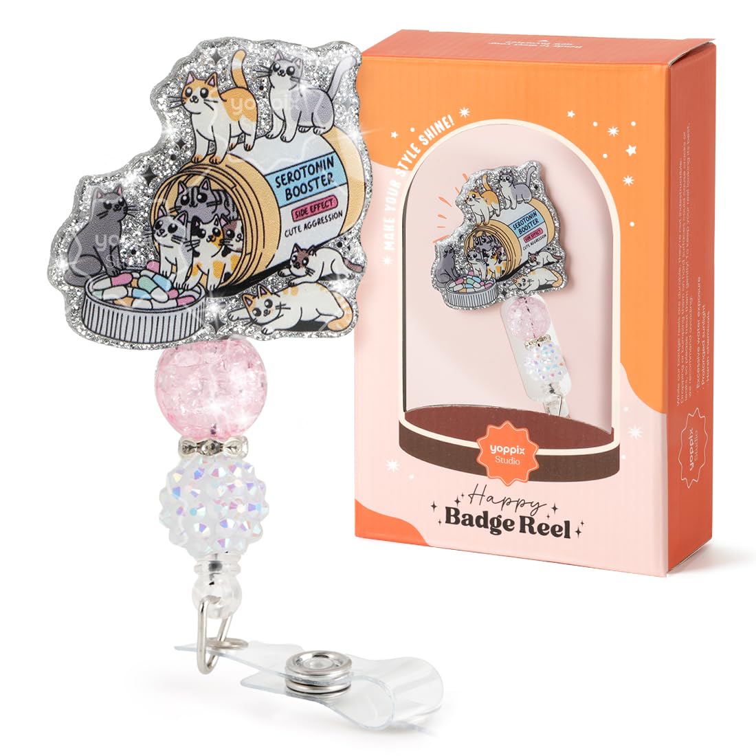 YOPPIX Cat Badge Reel Funny Nurse Cats Mom Lovers, Funny Sparkly Glitter Retractable Badge Reel for Nurses RN EN Doctor Paramedic Teachers Medical