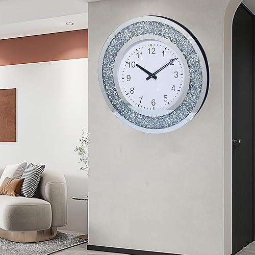 Miniatura 3 de Reloj de pared grande con espejo para decoración de pared, espejo de cristal plateado, decoración del hogar con diamante aplastado (plateado, 19.7