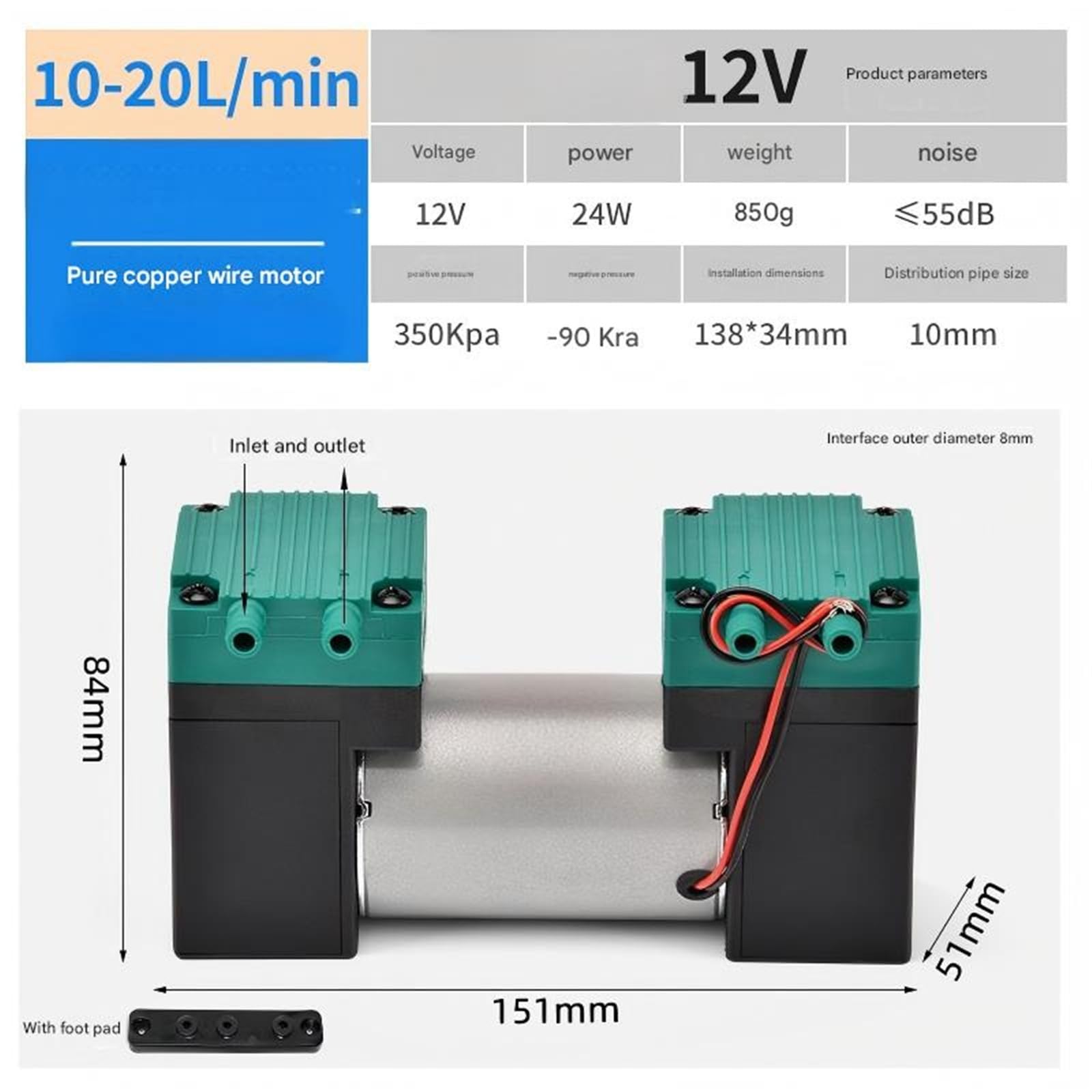 Bomba de vacío CC en miniatura 12V, 20l/min, bomba presión negativa Industrial, succión diafragma a prueba de fugas