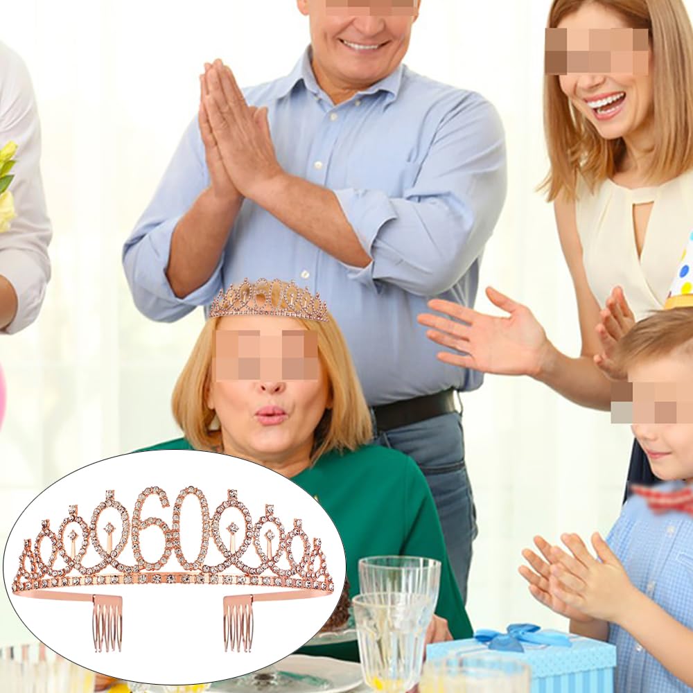 60e verjaardag sjerp tiara en kronen voor meisjes, verjaardag koningin rose goud tiara, prinses tiara strass hoofdbanden met kammen bruids bruiloft tiara's voor bruiloft prom bruids feest kerst