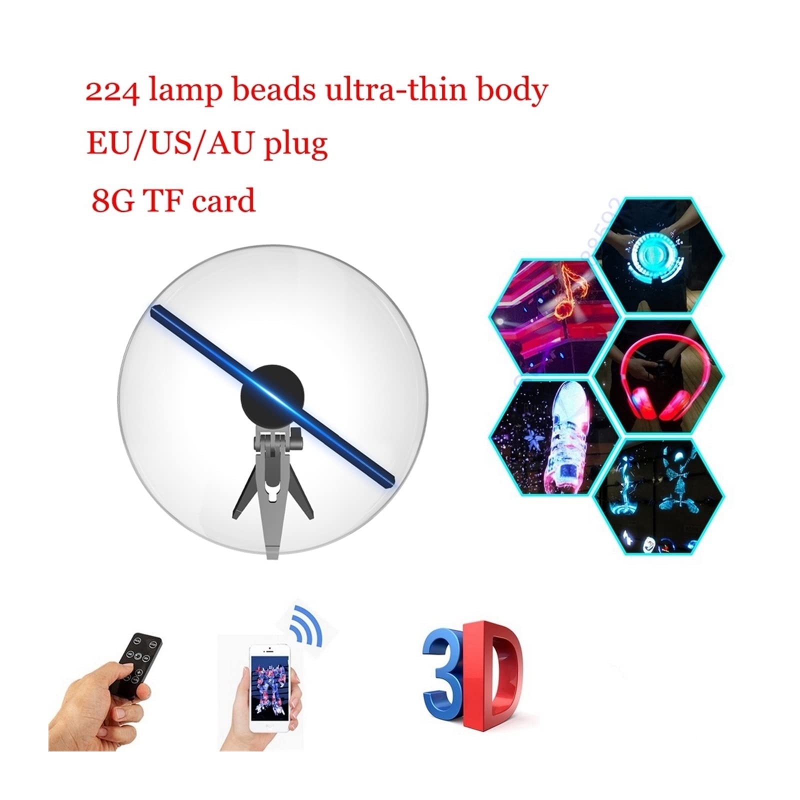 Wentylator holograficzny 3D, Projektor z wentylatorem 3D z hologramem 10,63 cala Zdalne oświetlenie reklamowe Mini pulpit Projektor Zasilanie Wsparcie obrazu wideo