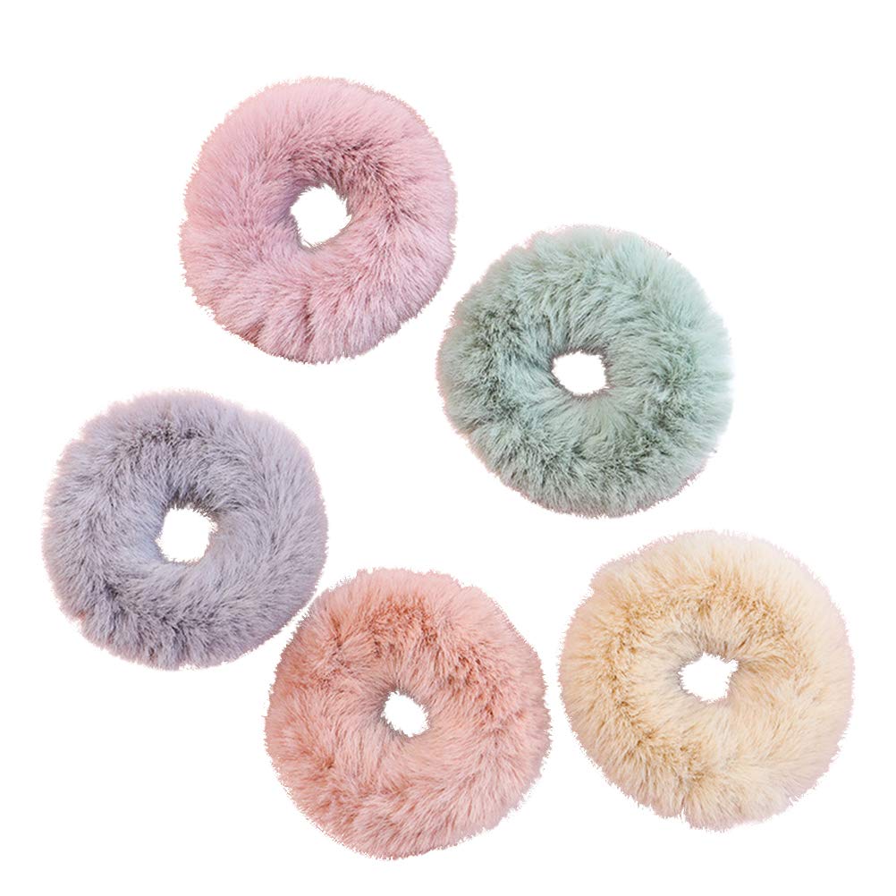 Beaupretty Rabbit Fur Hair Scrunchies,Sweet Rabbit Faux Fur Fluffy Ball Pom Pom Scrunchies Ponytail Holder,5pcs (Random Color)