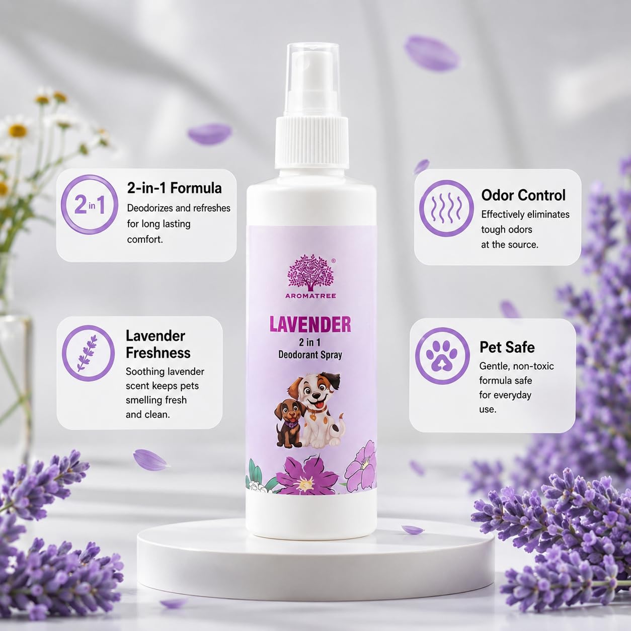 Aromatree 2-in-1 Pet Deodorant Spray for Dogs & Cats | Aromatherapy-Based Pet Freshener & Perfume | Anti-Microbial, Non-Toxic & Safe Puppy Deodorizer | Long-Lasting Lavender Fragrance – 200 ml 1