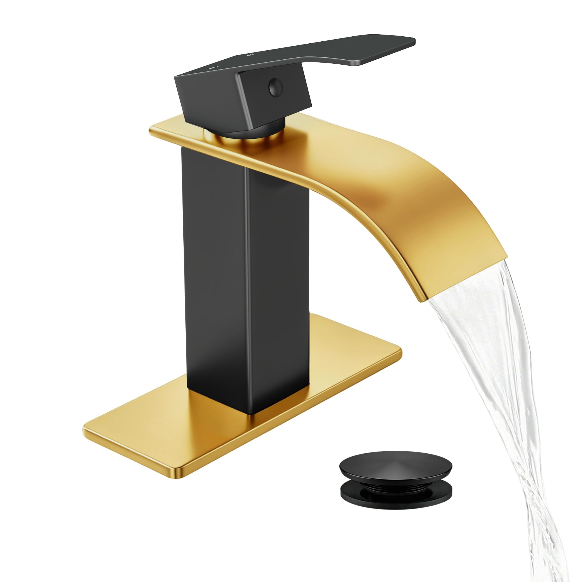 Fransiton Waterfall Single Handle Bathroom Sink Faucet Black Gold