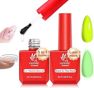 Lavender Violets 15ml 5in1 Builder Base Coat and Glow in the Dark Top Coat 2pcs Set for Enhance Builder Rhinestone Glue Luminous Finish Effect Nail Art Manicure Gift A103+A104
