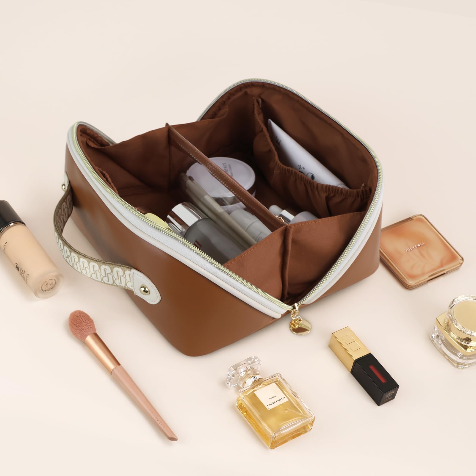 Prite Vegan Leather Makeup Bag Cosmetic Organizer with Clear Divider