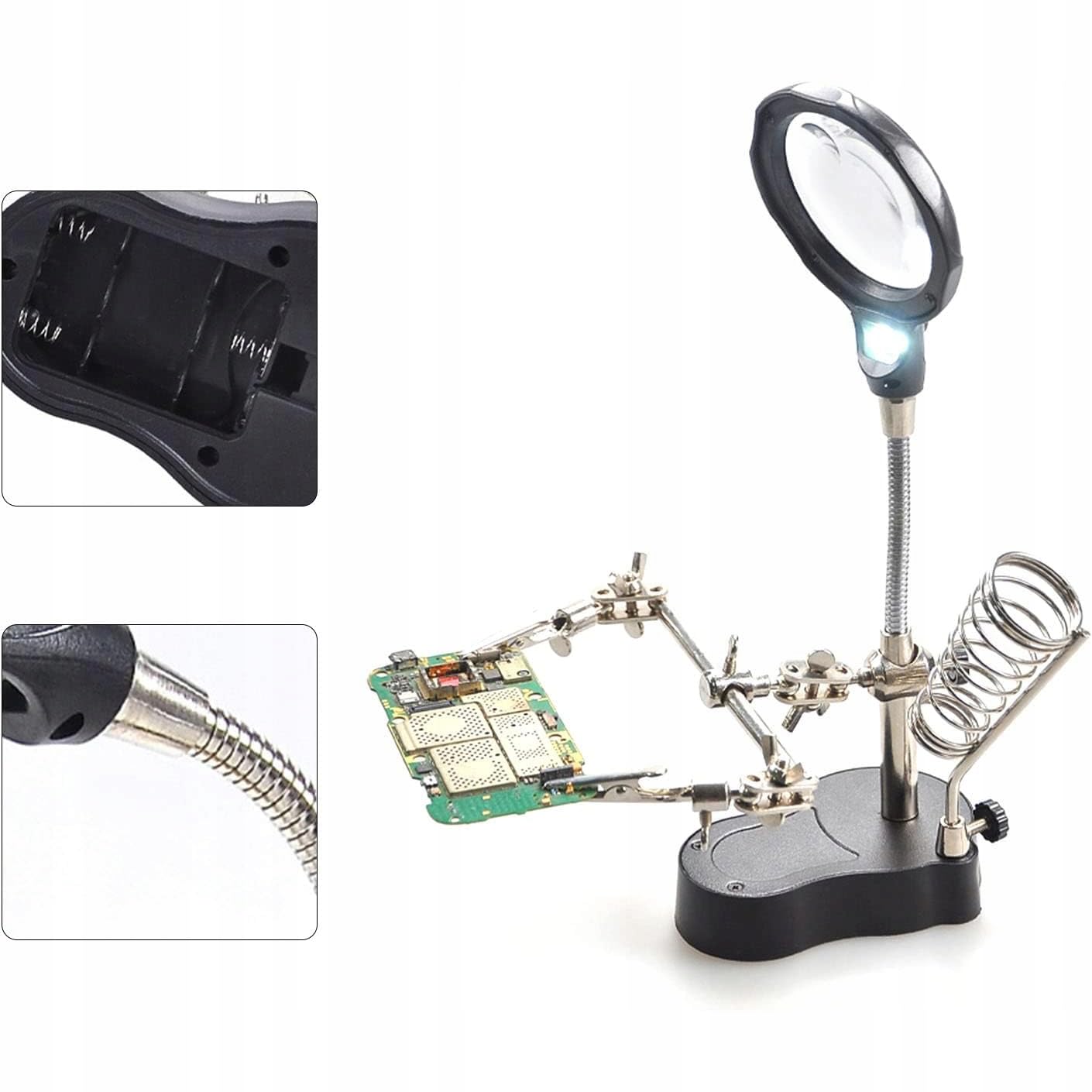 Troisième Main avec Loupe TE-801 – Grossissement 3,5x/12x, LED x2 | Base 10x6cm, Hauteur 26cm | Support Fer à Souder | Pour Soudure, Électronique | Accessoire Atelier