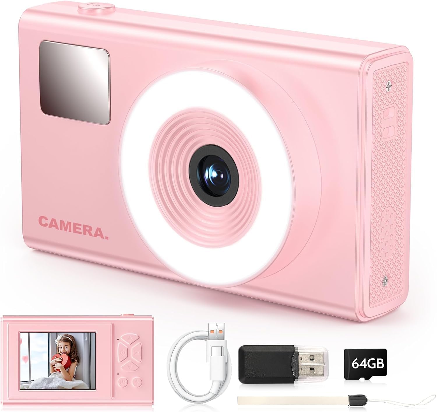 Digital Camera for Kids Fill Light, 1080P FHD Camera, Vintage Camera, Retro Digital Camera CCD for Teens Boys Girls Seniors Student Children, 64GB SD Card, 16X Zoom (Black) (Pink)
