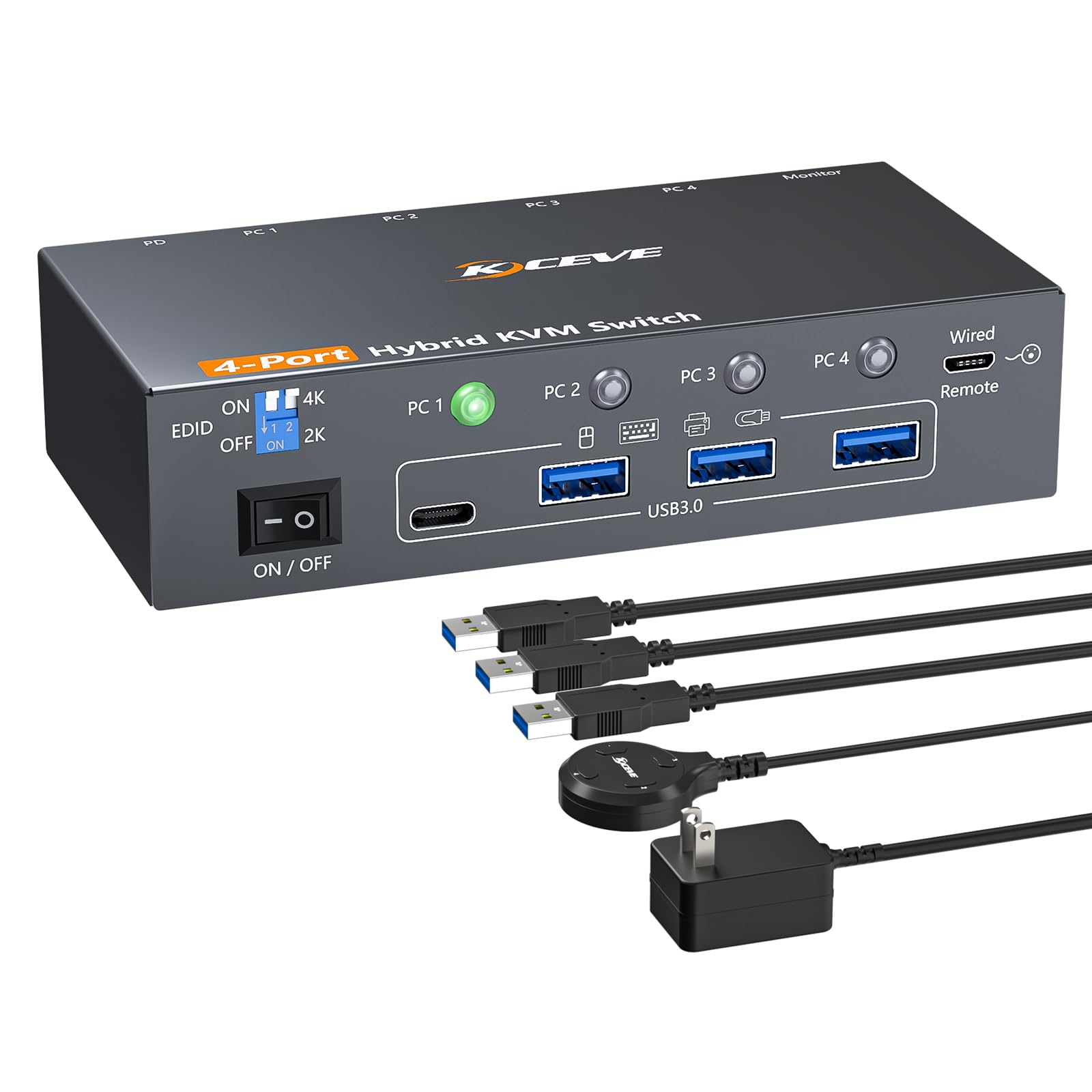 Commutateur KVM 4 @60Hz 4 PC 1 moniteur HDMI DP USB-C, KVM Switch 4 ports pour 4 ordinateurs Partager clavier, souris et 1 moniteur, avec bloc d'alimentation et télécommande par câble