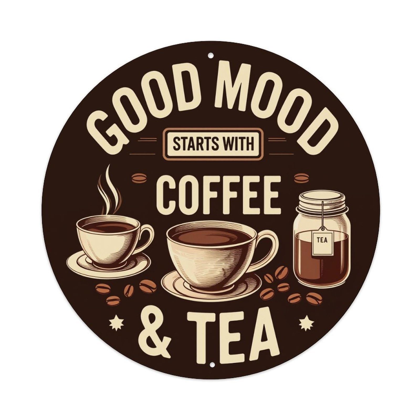 Coffee Tea Cup Jar Beans Round Tin Sign Vintage Metal Poster, Home Bar Garage Man Cave Cafe Indoor & Outdoor Wall Decoration 8x8Inches
