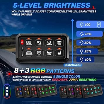 8 Gangs Universal Led Switch Panel APP Control Adjustable RGB Colors Brightness Multifunction for Car Truck Offroad RV