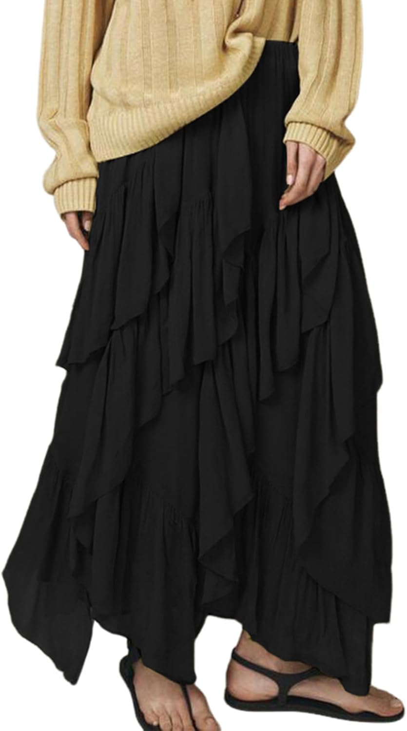 Wyeysyt Women's Ruffle Maxi Skirt Flowy Long Layered Skirts A Line Tiered Trendy Skirt