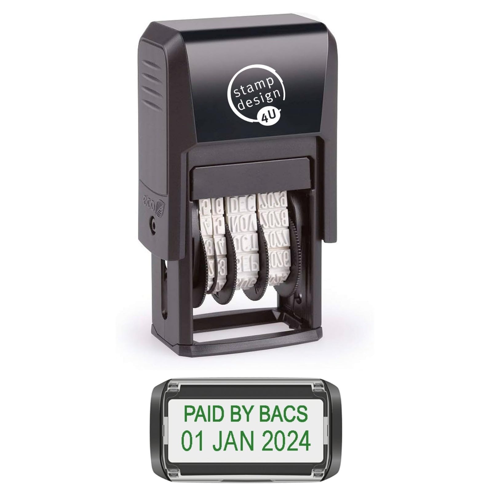 Self Inking Changeable Date Stamp - Paid by Bacs Date Stamp in Green Ink