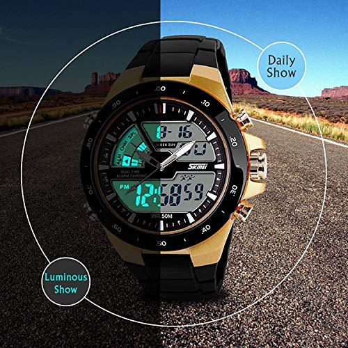Carrie Hughes Men's Digital Watch 50M Waterproof Large Dual Dial Multifunction Analog Military Outdoor Sports Electronic Watch Calendar Day Date CH0312