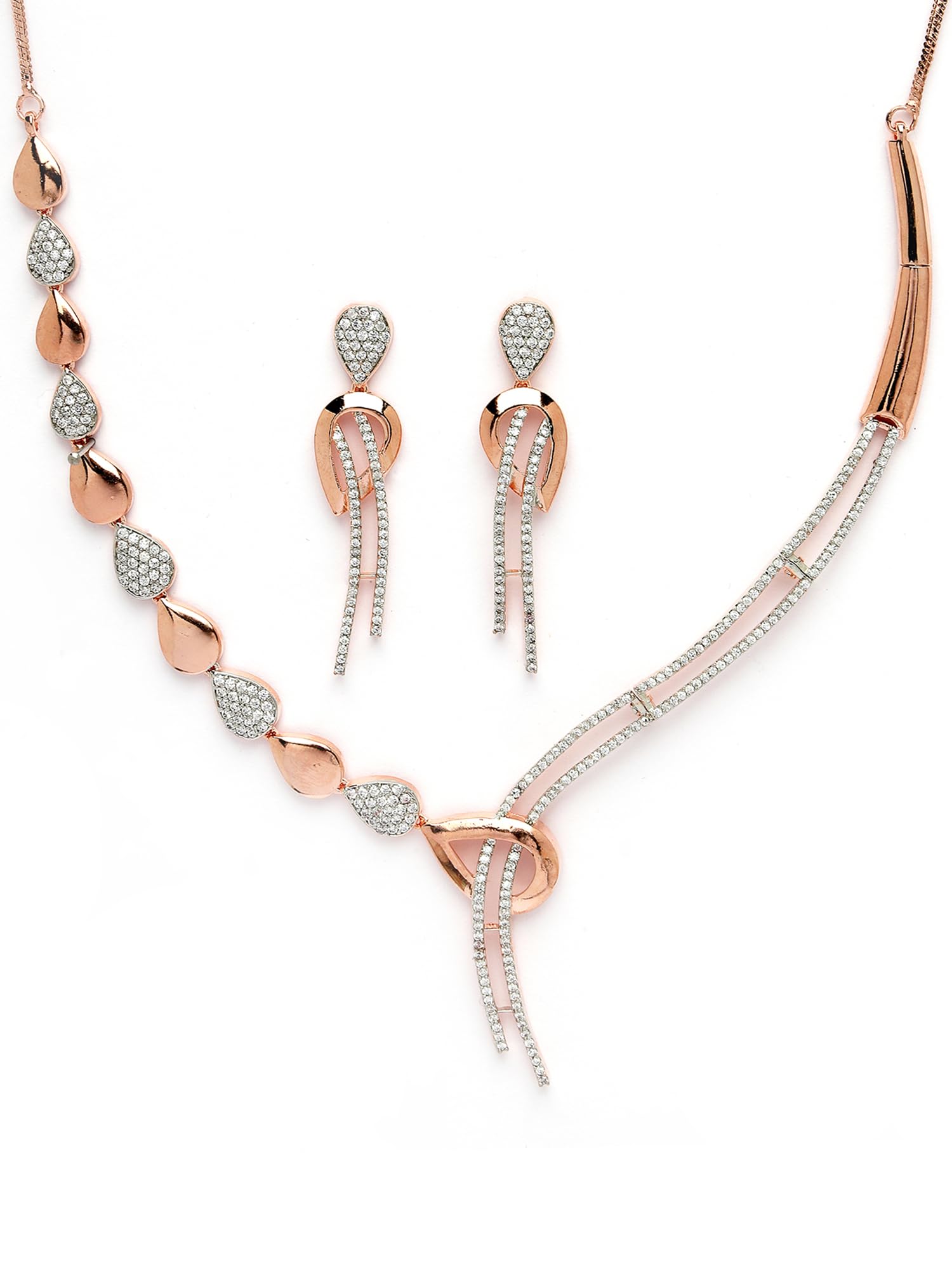 Graceful Rose Gold Necklace Set with American Diamond Embellishments and Rhodium Finish-image-48