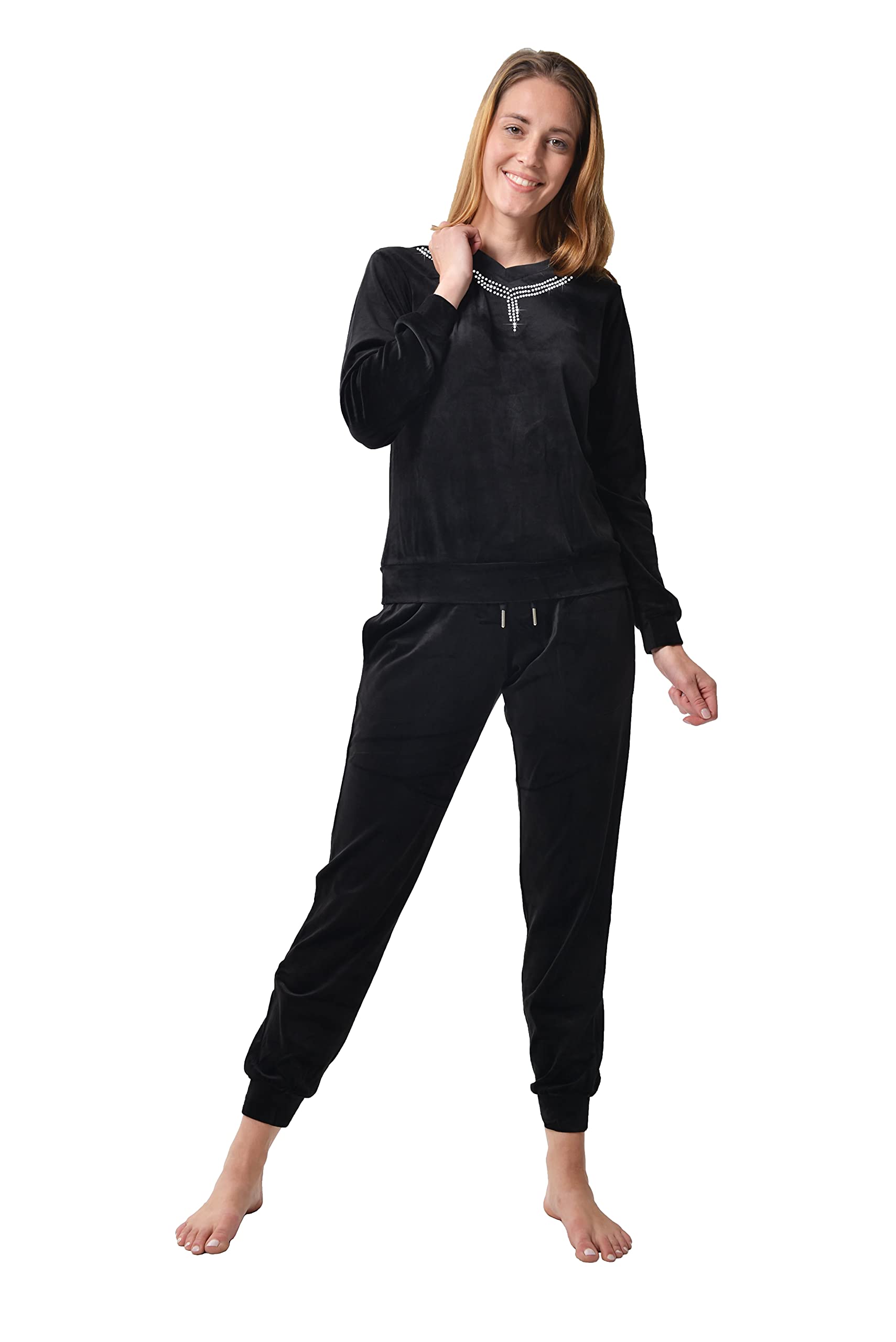 RAIKOU Femmes Sports Loisirs Cristal Velours Costume Cravate Strass À Manches Longues Cordon Poche Survêtement Jogging Costume Pyjamas Gym Chambre Jardin