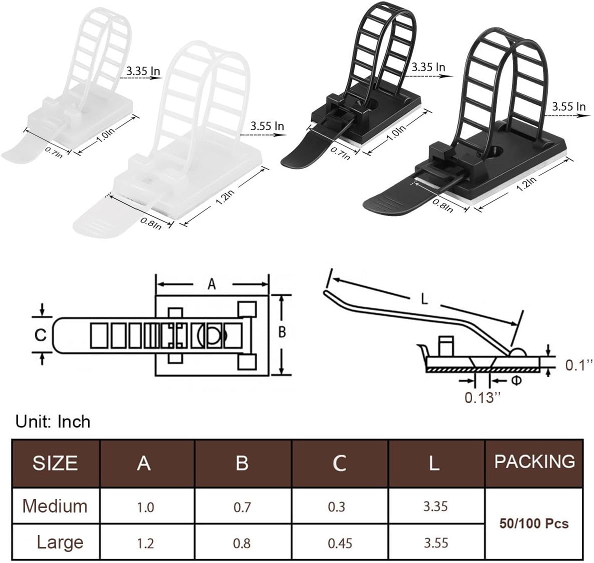 50Pcs Adhesive Cable Management Clips with 50Pcs Zip Ties, Adjustable Nylon Cable Strap Ties Wire Clips Clamps Organizer with Strong Adhesive Tape, Extra Screw & Hole - 3.35 Inch Black - Image 7