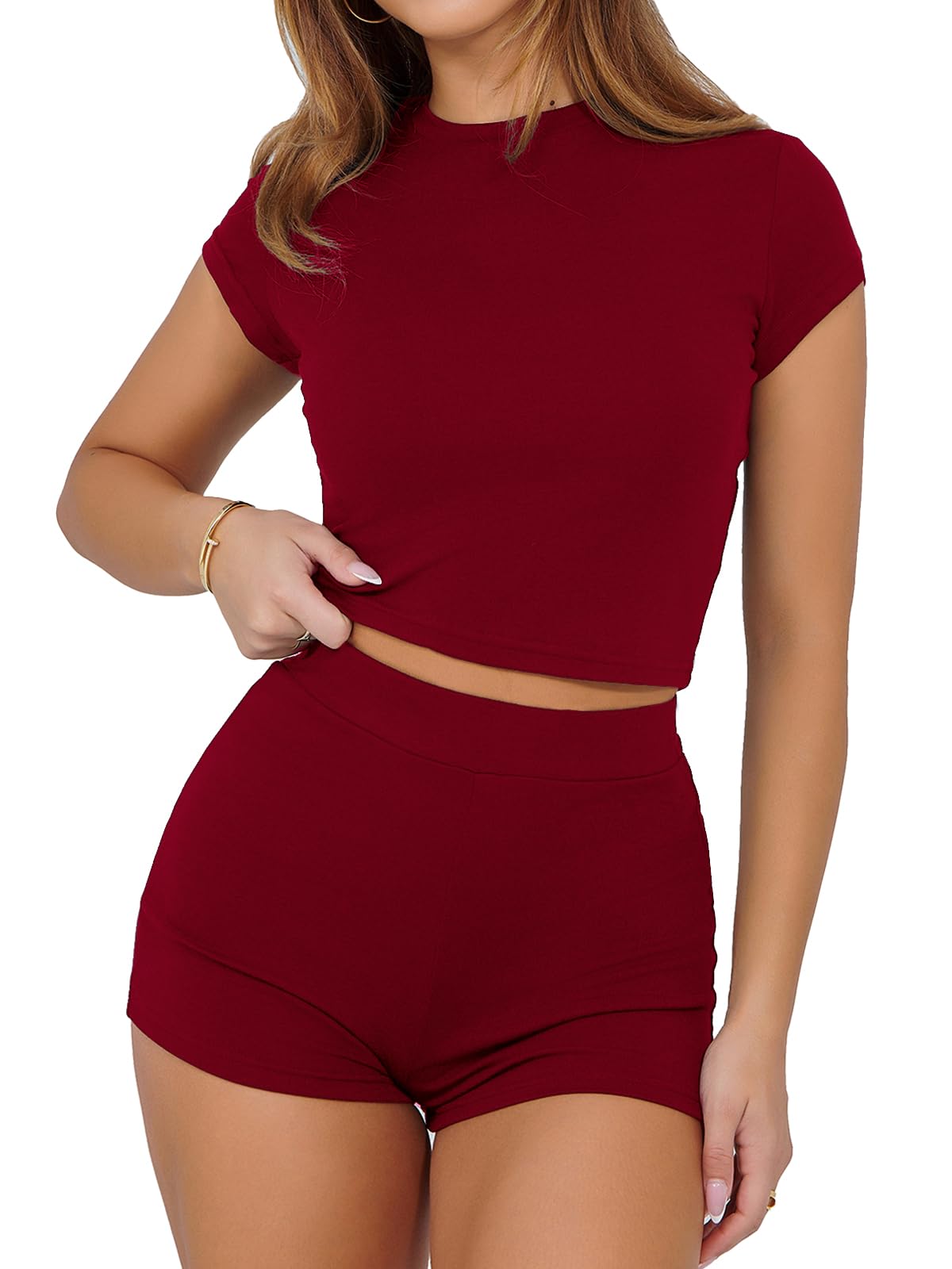 BARASA Womens Sexy Summer Two Piece Sets Outfits Slim Fitted Short Sleeve Tops Casual Mini Shorts Set D073