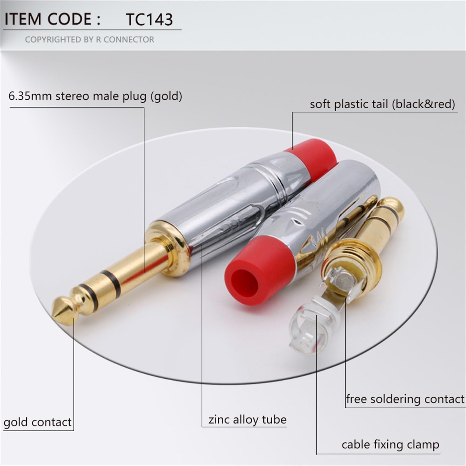 2 connettori jack da 6,35 mm a 3 poli stereo maschio da 6,35 mm per cavo di saldatura in ottone, presa per microfono (rosso)