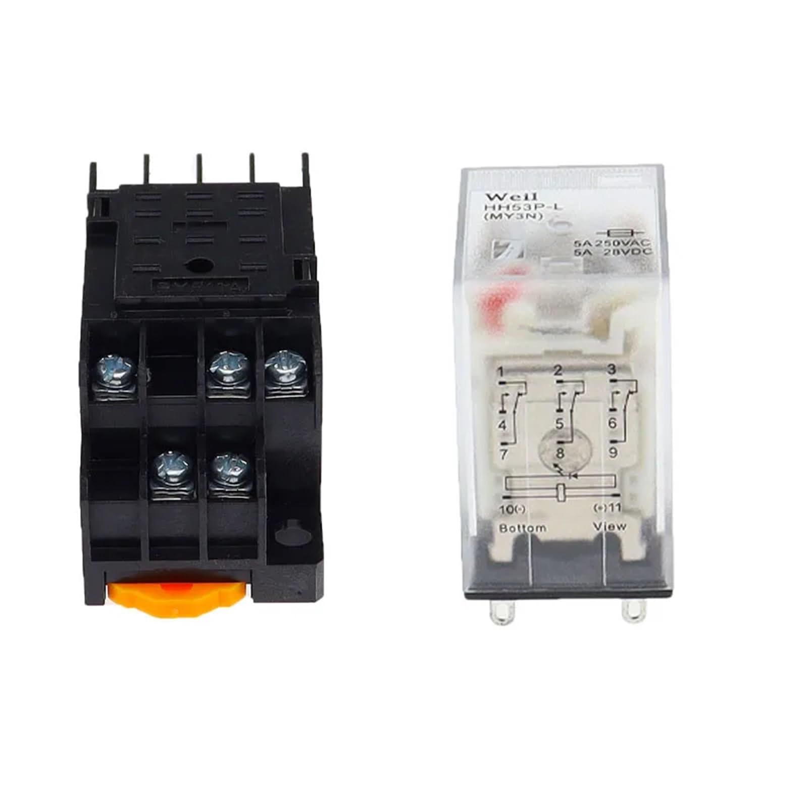 Zestaw 10 przekaźników elektromagnetycznych HH53P MY3NJ z podstawą 11-pinową 3 NA/3 NC 5 A 110/220V AC 12/24V DC biały (AC110V)