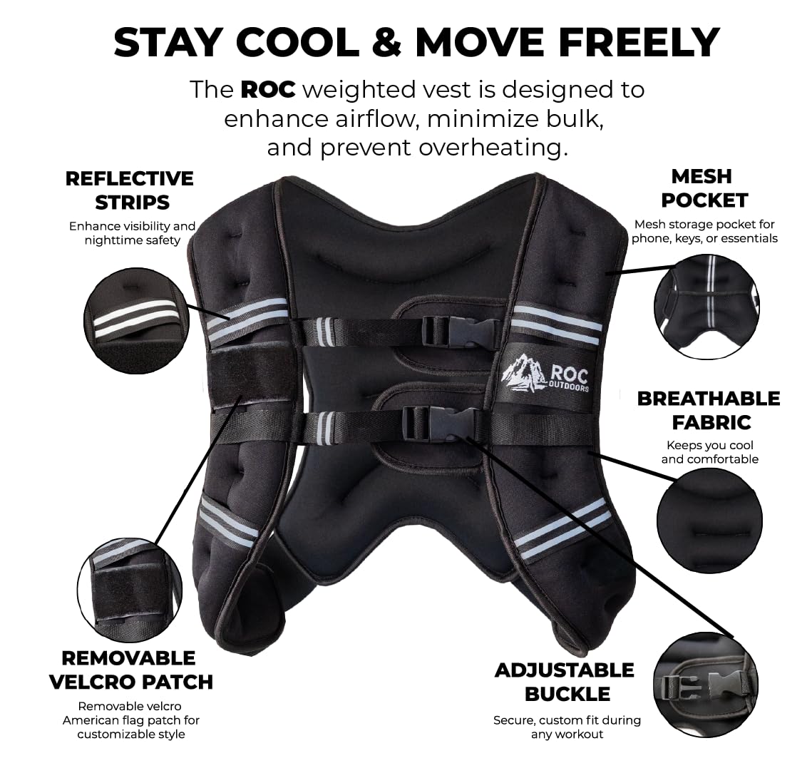 Roc Outdoors Weighted Vest W/ Rub-Free Technology for Woman and Men, 5lb/10lb/15lb/20lb/30lb Weight Vest with Reflective Stripe for Workout, Strength Training, Running, Walking, Fitness, Weight Training, Weight Loss, Weightlifting - 5