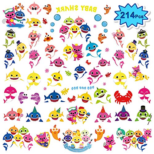 214 Pcs Large Baby Shark Temporary Tattoos for Kids (8 Sheets) Baby Shark Party Favors Children Birthday Ocean Sea Party Supplies Decorations | 54 Patterns