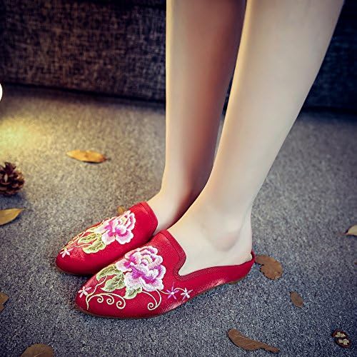 Qhome Women's Chinese Floral Peony Embroidery Pointed-Toe Comfortable Satin Casual Mules House Pumps Slippers Shoes Red | Image 2