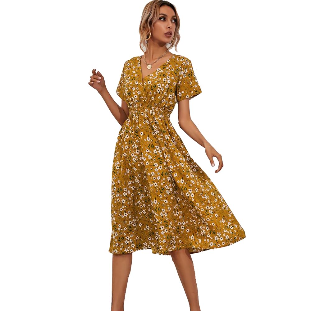 XIVISTO Vestido de Verano para Mujer Midi Floral Casuales Cuello en V Elegante Manga Corta Cintura Elástica Vestido Playa