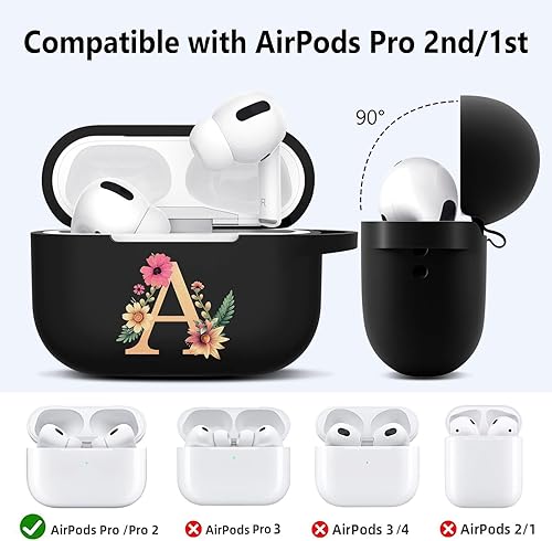 Miniatura 3 de Funda compatible con AirPods Pro 2, funda de silicona para AirPod Pro de 2 generación con símbolo de letras de flores, Airpods Pro con llavero