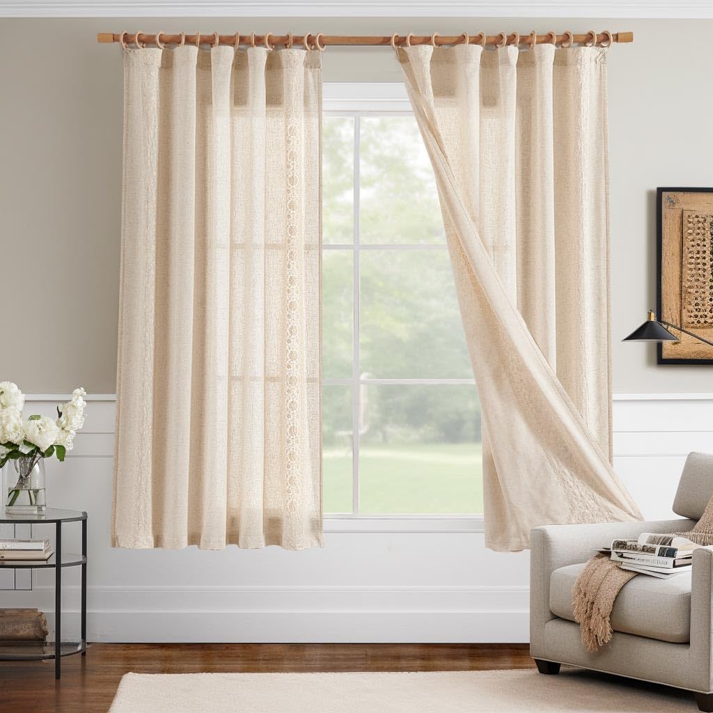 Vangao Leinenoptik Gardinen 140B x 145Hcm 2er Set Boho Stickerei Beige | Blumen Muster Vintage Vorhänge Kurz mit Verdeckten Schlaufen, Lichtdurchlässig, Wohnzimmer Schlafzimmer Küche Fenster Natur