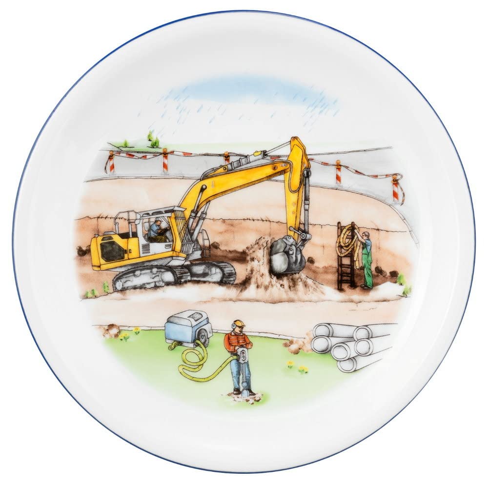 Kinderset Auf der Baustelle 7tlg. mit Gravur (z.B. Namen) personalisiertes Kinderbesteck + Kindergeschirr Bagger Baumaschinen