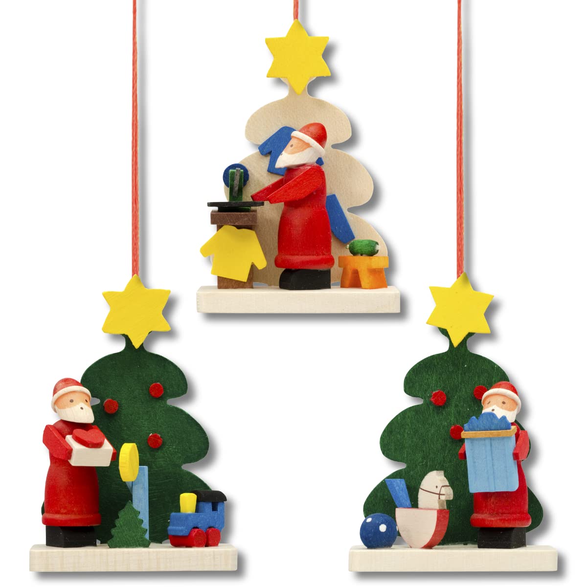 Graupner Holzminiaturen® | Baumbehang 'Baum mit Weihnachtsmann' 3er Set aus Holz | Original Erzgebirgische Holzkunst® | Hochwertige Handarbeit | Geschenkidee | Nähmaschine, Schaukelpferd, Eisenbahn