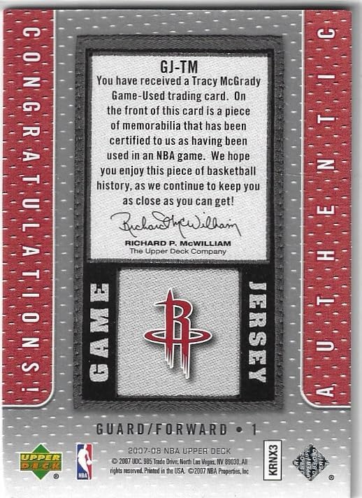 Tracy McGrady Authentic Game Used Relic Game Jersey Memorabuilia Collectible Basketball Card - 2008 UD Basketball Card #GJ-TM (Rockets)