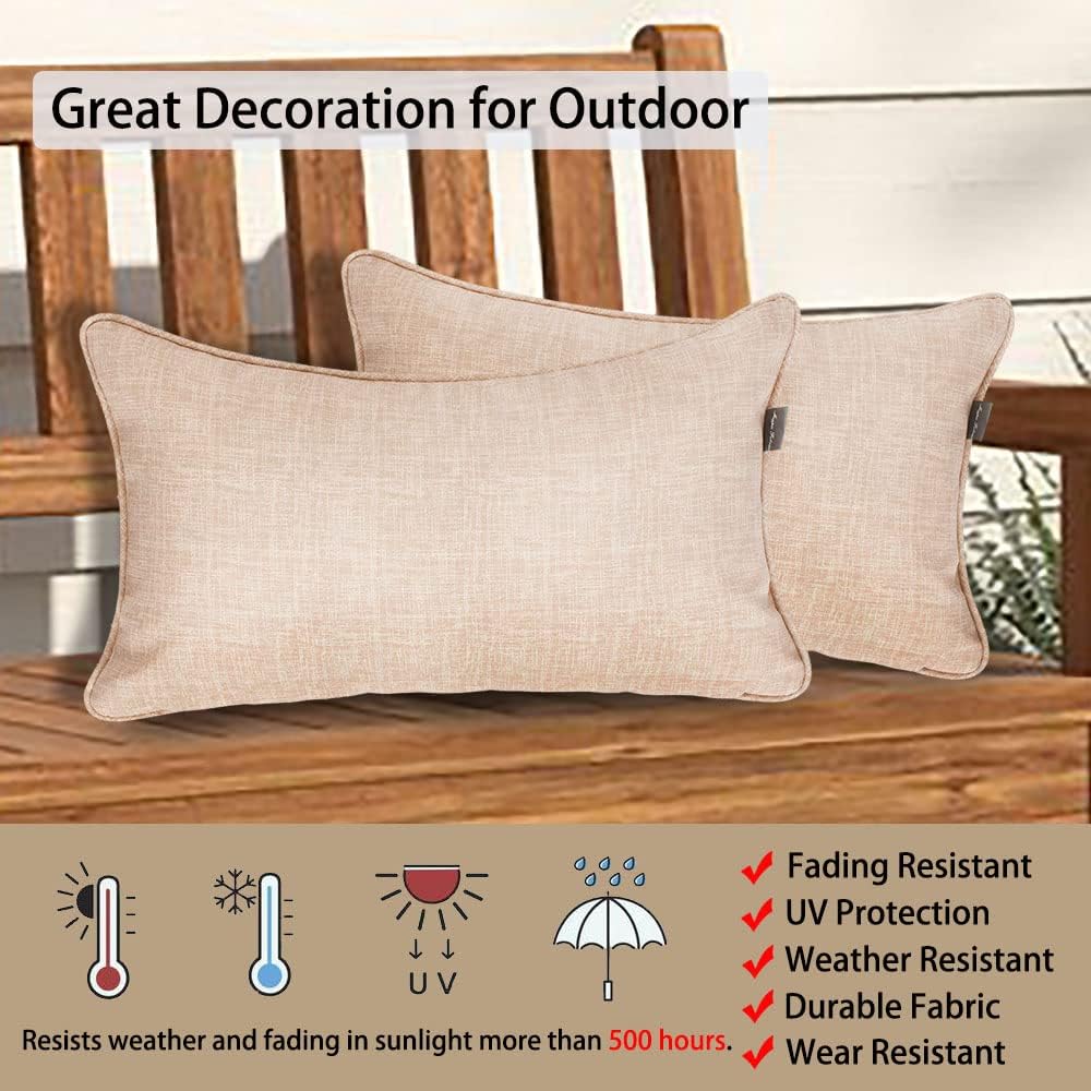 Magpie Fabrics Pack of 2 Outdoor Waterproof Lumbar Rectangular Throw Pillow with Insert 12x20 Inch, Home Decorative Toss Cushion for Patio Garden Car Office (Light Brown Textured)