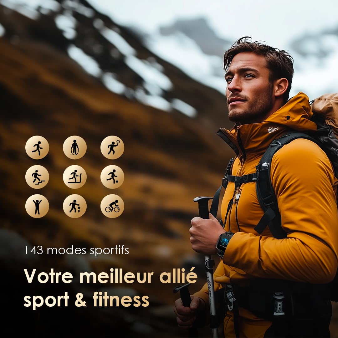 Oraimo Montre Connectée Écran AMOLED 60Hz 1,85" Appel Bluetooth HD Smartwatch Homme Femme Sport 143 Modes Étanche IP68 Autonomie 14 Jours Cardio SpO2 Podomètre Notifications SMS Message Android iOS