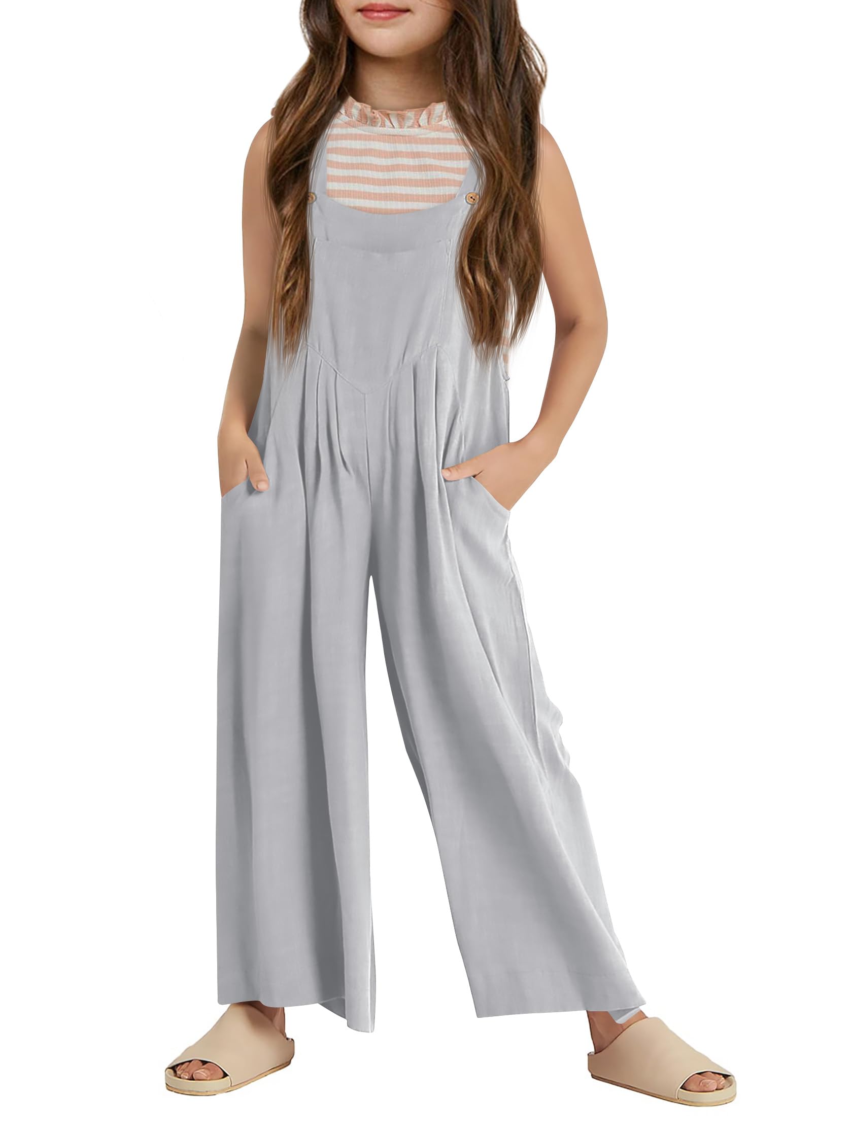 Haloumoning Girls Overalls Kids Casual Sleeveless Wide Leg Jumpsuit Loose Rompers with Pockets 5-14 Years