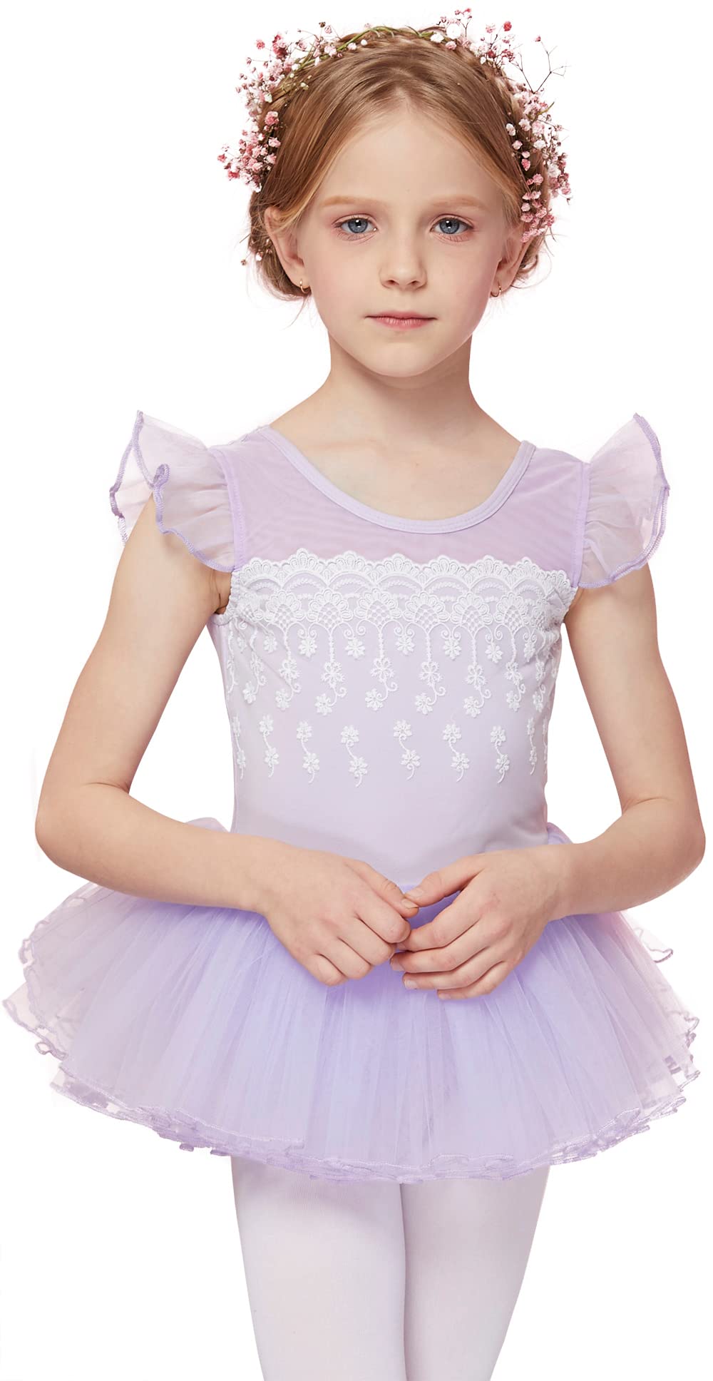 MdnMd Fly Short Sleeve Lace Dance Ballet Tutu Leotard Ballerina Outfit for Toddler Girls