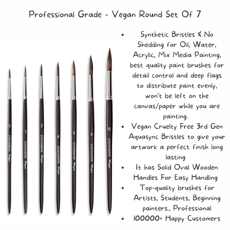 Image of Stationerie Paint Brush Set Handmade Soft Aqua Long Synthetic Hair with Stainless Wire Ideal for Art Paint, Watercolor, Quill, Oil Acrylics, Artists Round Brush Set of 7(Matte Black Edition)