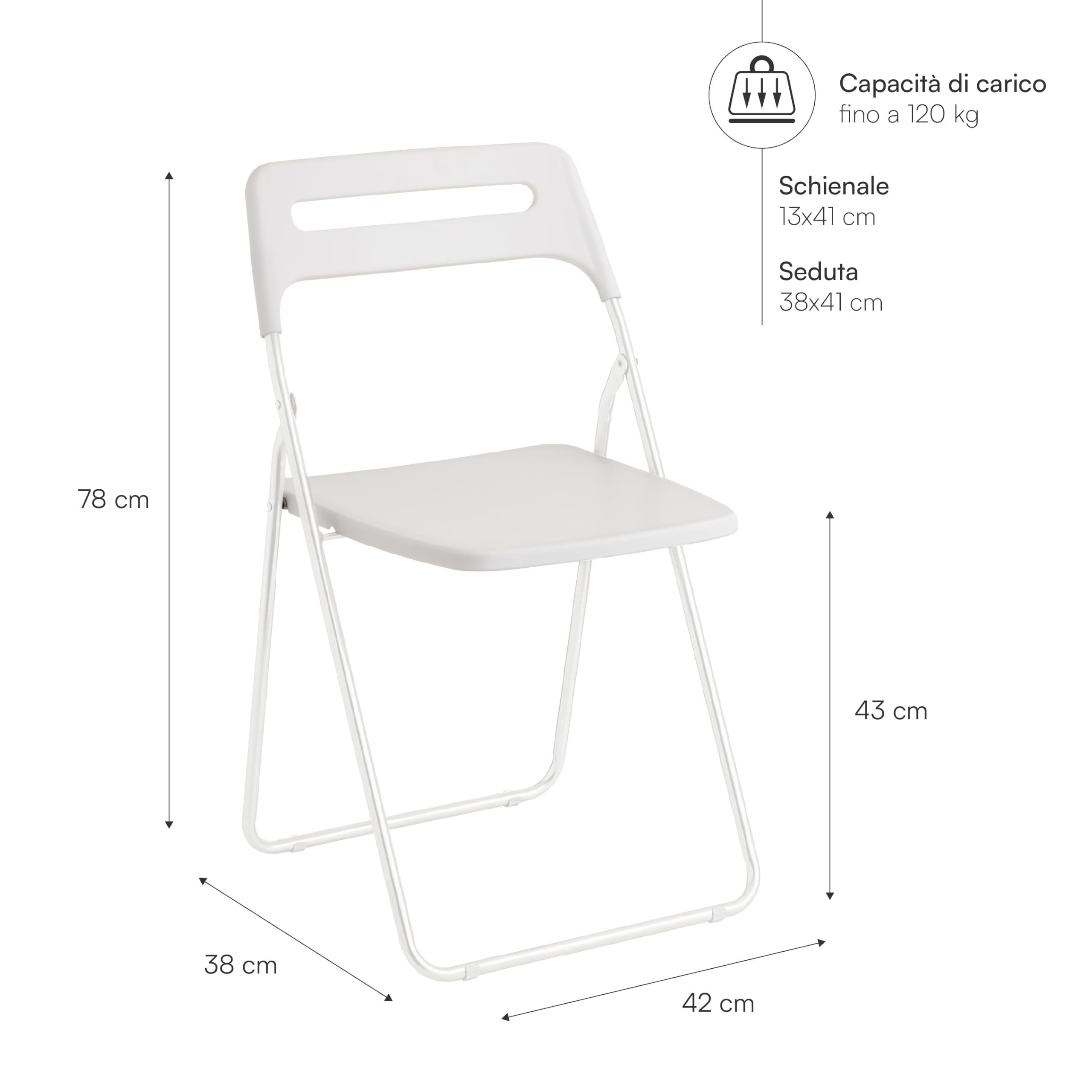 Baroni Home Sedia Pieghevole Salvaspazio, Sedia da Pranzo per Interno ed Esterno con Struttura in Acciaio, 42x38x78 cm (1 Pezzo, Bianco)