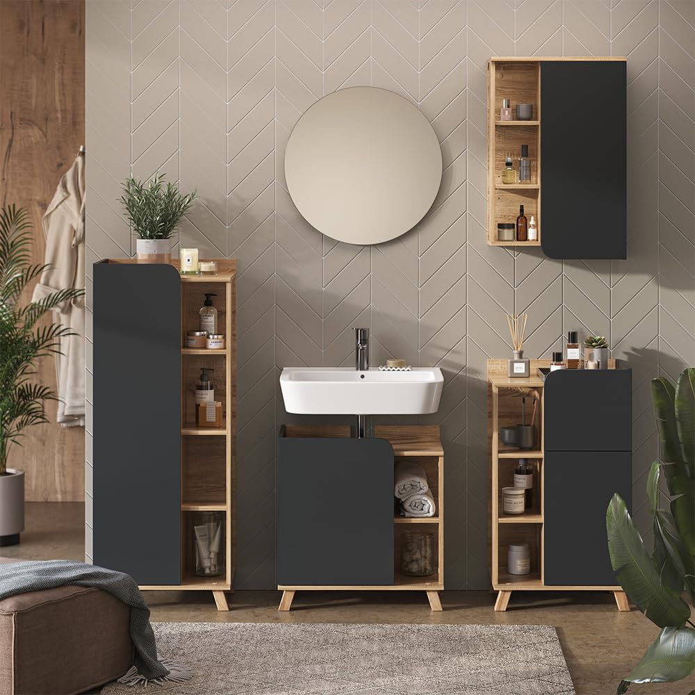 Vicco Mobile bagno Karen, Sonoma/antracite, 50 x 75 cm con porta e vani aperti, per montaggio a parete con vani a giorno e vani chiusi