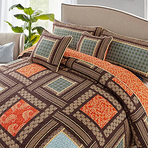 NEWLAKE Cotton Patchwork Bedspread, 3-Piece Bedding Quilt Set with Real Stitched Embroidery, Reversible Matelasse Bed Coverlet Set,Bohemian Farmhouse,Queen Size