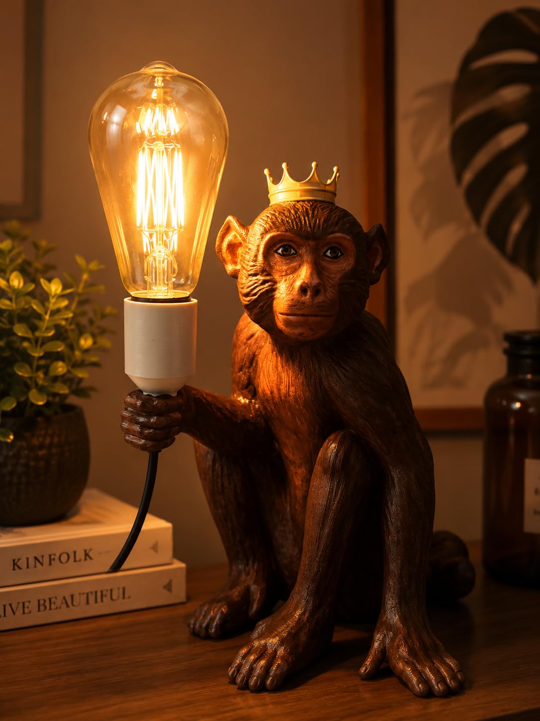 Seated Monkey Figurine Table Lamp with Crown Detail, Holding Edison Bulb, Decorative Animal Light-image-34