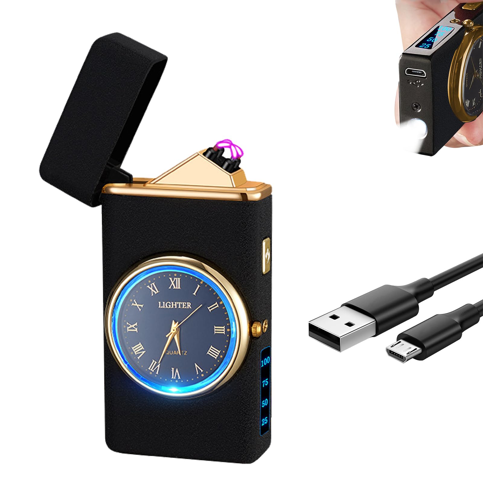 Mechero eléctrico USB C recargable, con indicador de potencia LED y linterna, para camping, barbacoa y pesca (espejo, negro mate)
