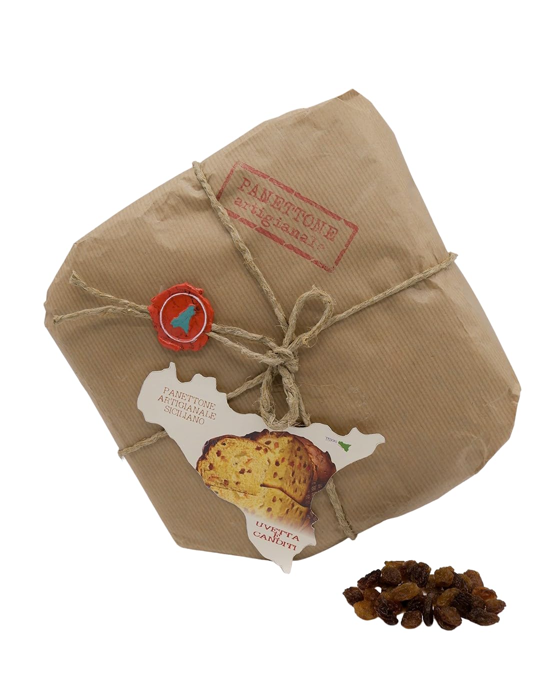 Tesori Di Sicilia Panettone Artigianale Tradizionale con Uvetta e Canditi incartato a mano, Panettone a lievitazione Naturale con Lievito Madre 1Kg, Idea regalo Natale