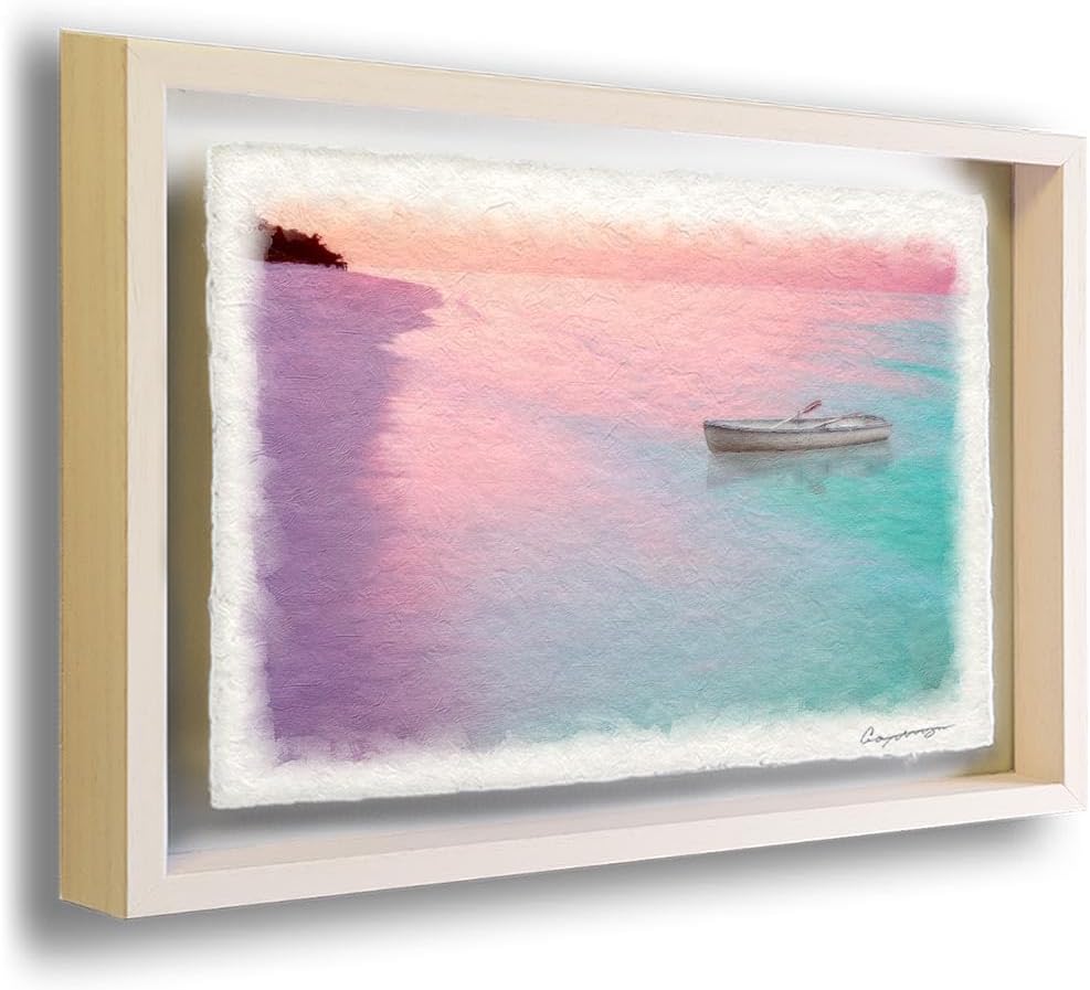 和紙の絵写真 「朝焼けの砂浜とヨット」 立体額縁付き 44x31cm 絵画