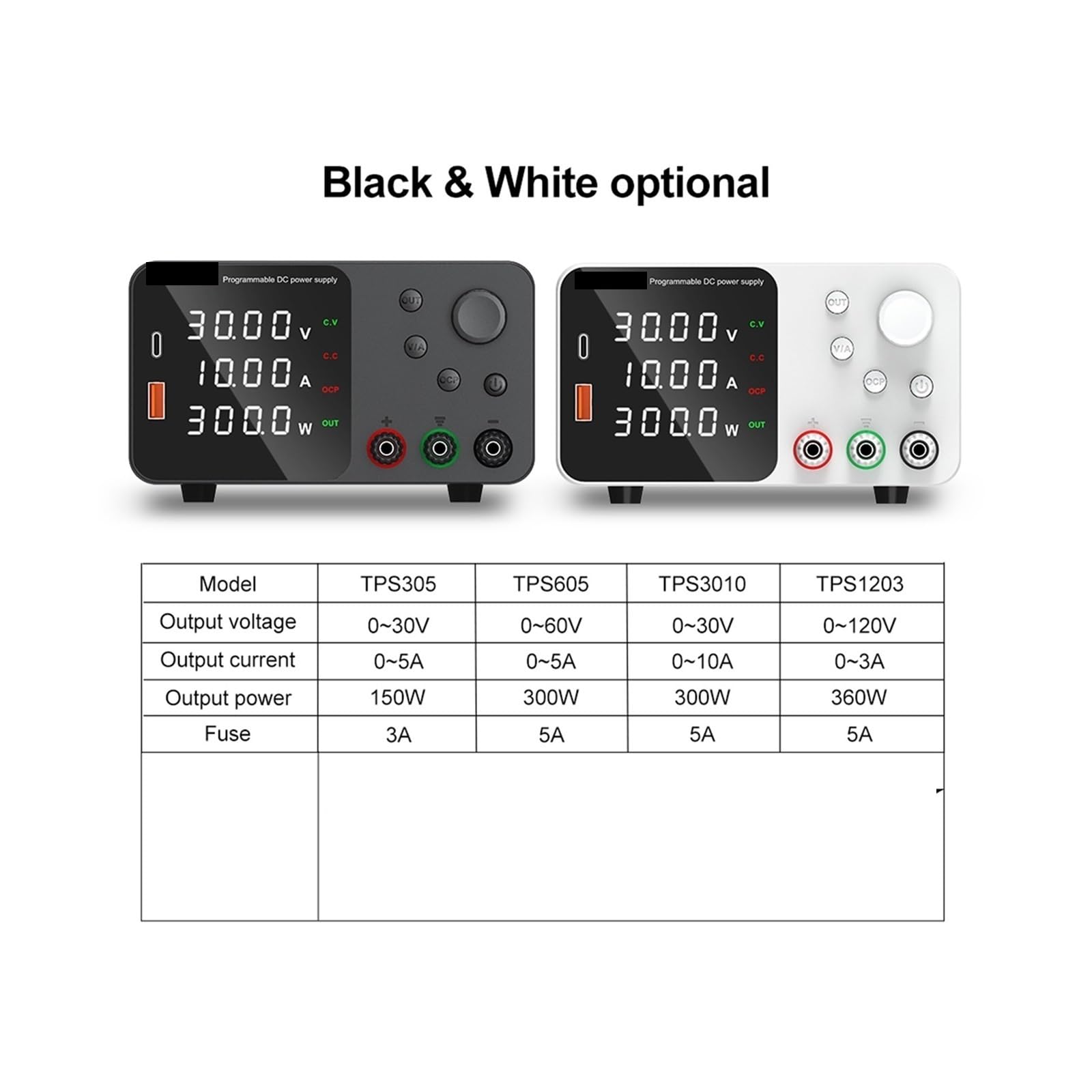 Fuente de alimentación variable, Fuente De Alimentación Laboratorio 30V 10A Con Carga Rápida USB Corriente Voltaje Regulable 5A 60V 120V 3A CC(TPS3010 White)
