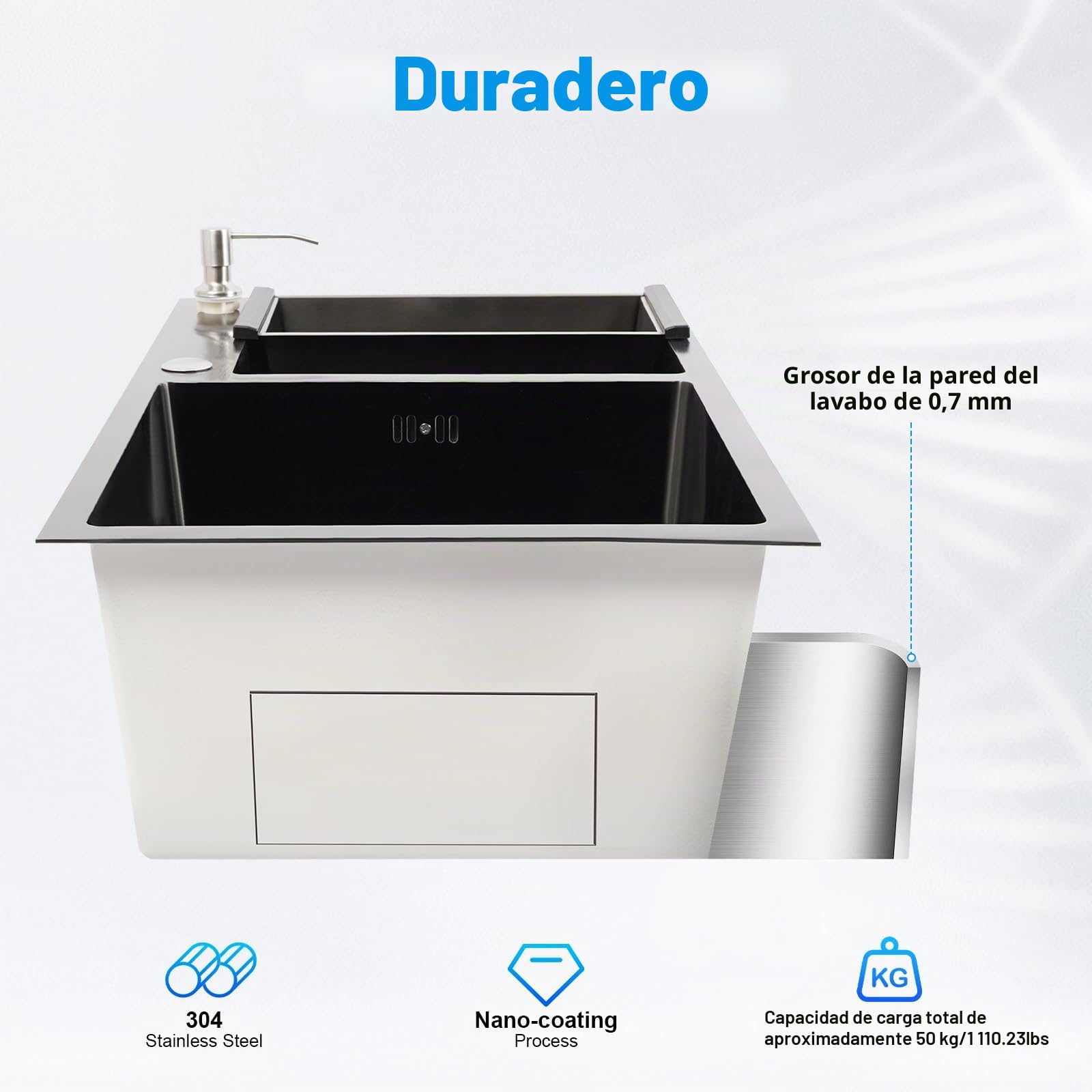 Fregadero doble para cocina, 78 x 43 cm, acero inoxidable, con tubo de desagüe y rebosadero, dispensador de jabón, de tubos en S, color negro