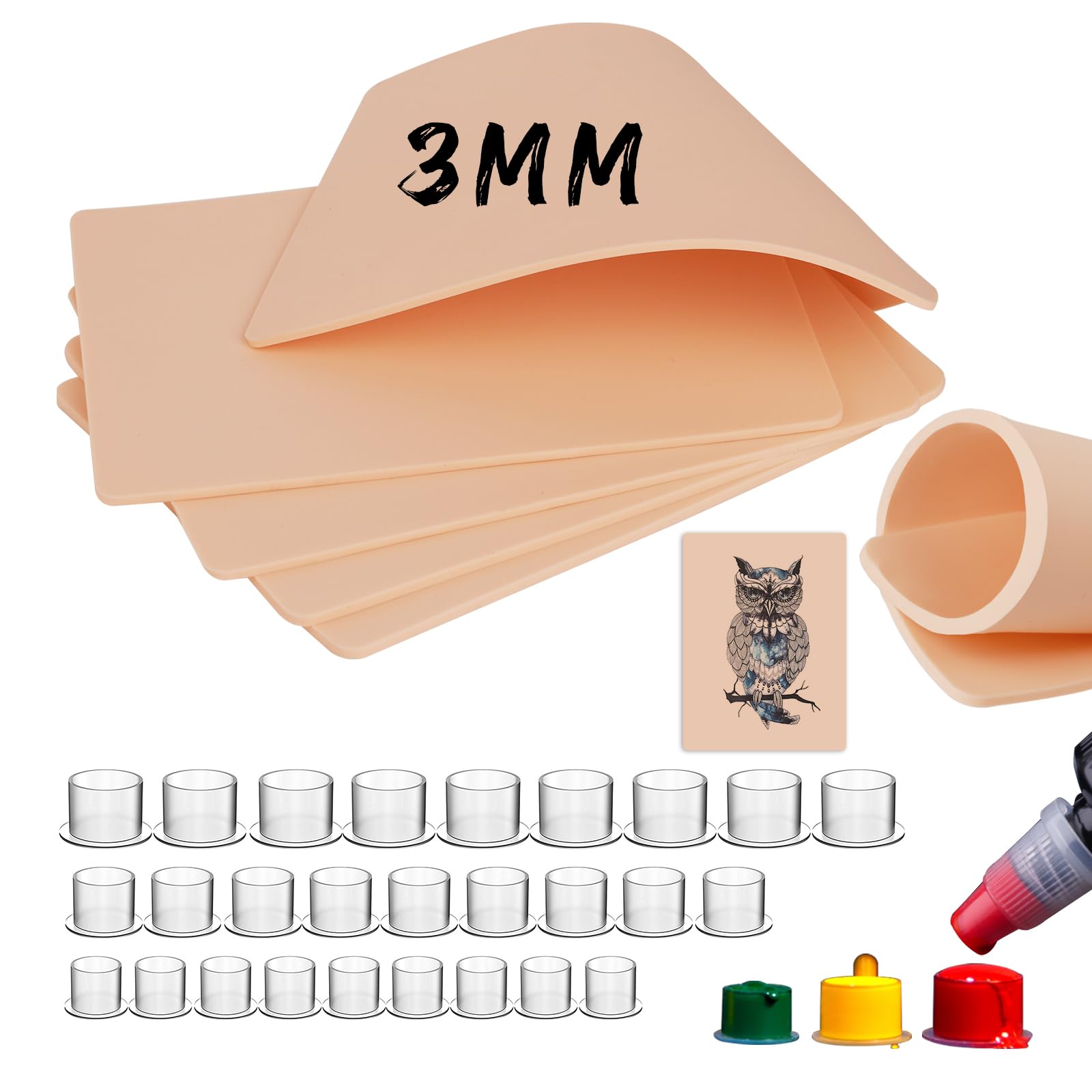 Fake Skin with Ink Caps Cups- Jconly 5Pcs 3MM Thick Tattoo Practice Skins with 300ps Mixed Ink Cups Kit Tattoo Supplies