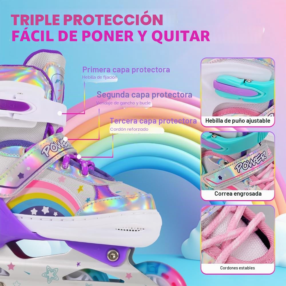Patines en Línea Ajustables para Niños Principiantes, Patines de Ruedas Violeta Arco Iris