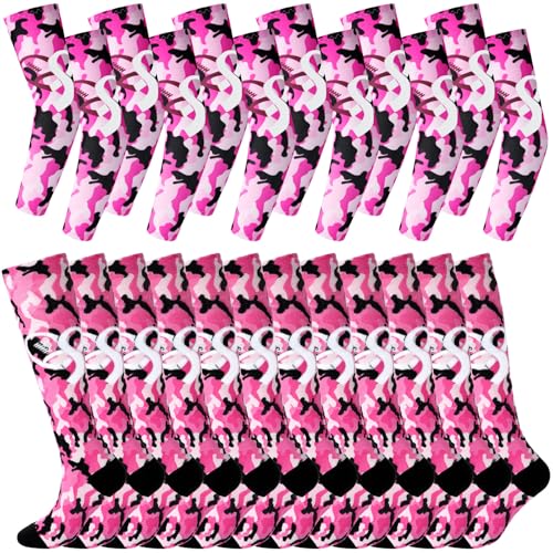 Cozypower 12 Pairs Breast Cancer Awareness Sleeves and Socks Pink Ribbon Football Arm Sleeves Knee High Socks for Youth Sport